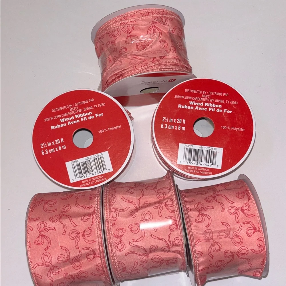 Pink Bow wire Ribbon Wide Light Pink Ribbon SET OF 6 Pink Girlie Bow Ribbon